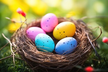 Fototapeta na wymiar Easter Meadow Egg Haven: Colored Eggs Arranged in Nature's Splendor. Generative AI