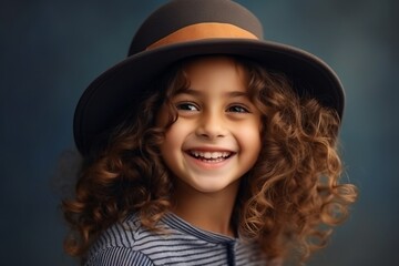 portrait of a beautiful little girl with curly hair in a hat