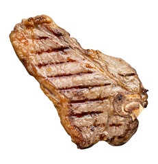 Whole fried New York beef steak on a white background, striploin doneness rare