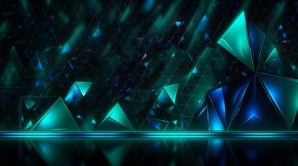 Black dark blue green teal cyan petrol jade abstract background. Geometric shape. 3d effect. Line triangle angle polygon wave. Color gradient. Light glow neon flash metal metallic. Design. Futuristic.