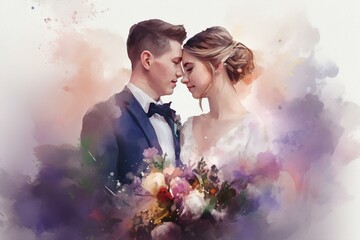 Wedding Couple with copy space - Watercolour (Generative Art - AI). Generative AI