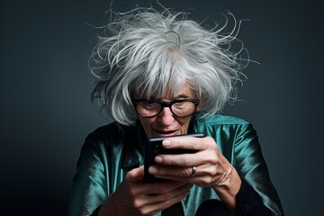 Portrait of a senior woman using mobile phone on gray background.