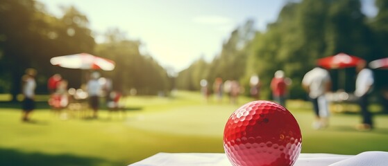 Golf ball on tee against blurry golf course with people playing in background