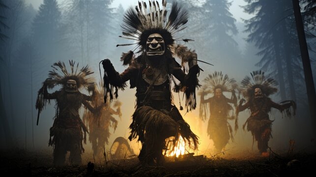 Wild dances of the aborigines, Indians dance around the fire and with the fire, savages with their leader and shaman perform rituals as in ancient times
