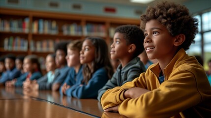 A diverse group of children engaged in learning activities while sitting at a table in a classroom.