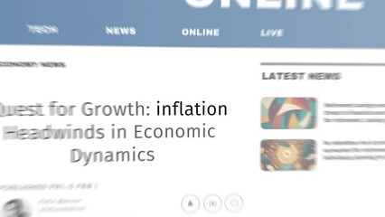 Abstract concept of Headline News across international media with global inflation crisis economy, market business crash. Zoom and focus on word in internet titles on screens time lapse