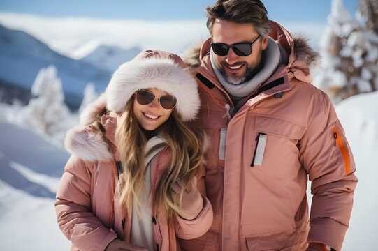 Padre e hija en invierno sobre monta&ntilde;a nevada. Generado con tecnolog&iacute;a IA