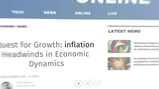 Abstract concept of Headline News across international media with global inflation crisis economy, market business crash. Zoom and focus on word in internet titles on screens time lapse