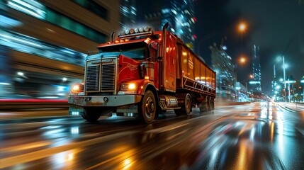 A truck driving down a city street at night, with bright headlights illuminating the road and...
