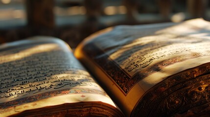 open holy book islamic muslim book the quran. beautifully looking for religion. arabic letters. wallpaper background 16:9, Generative AI - obrazy, fototapety, plakaty