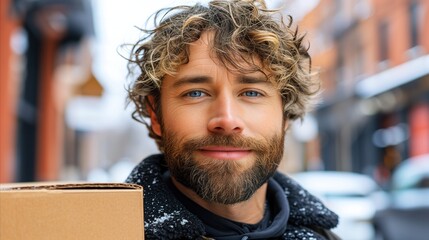A bearded man holding a box. - obrazy, fototapety, plakaty