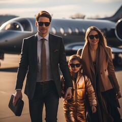 Familia joven adinerada en aeropuerto viajando. Generado con tecnología IA