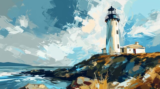a tall giant lighthouse tower on the coast at a sea of an island lighting and showing navigating direction. wallpaper background
