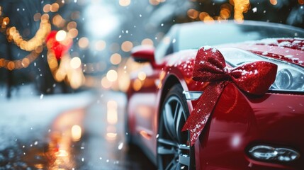 a beautiful expensive red car with red ribbon bow as a gift. christmas time on a snowy road in a city. wallpaper background. avatar for pic. Generative AI