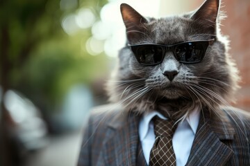 Cat boss in town, suit, tie, sunglasses, commanding presence.