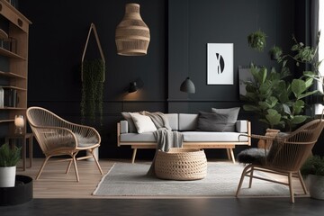 Contemporary cozy living space with trendy monochrome wall, furniture, and plants. Generative AI