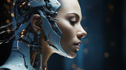 Futuristic women ai robot close-up background
