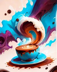imagine an intriguing image showcasing the combination of artificial intelligence and coffee foam art. Steam rises from a coffee cup, transforming into beautiful and captivating shapes. These patterns