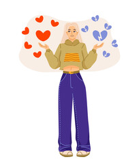 Choosing from multiple solutions. Woman making decision between romantic relationship or breakup. Choice between love and loneliness. Cartoon flat vector illustration isolated on white background