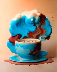 imagine an intriguing image showcasing the combination of artificial intelligence and coffee foam art. Steam rises from a coffee cup, transforming into beautiful and captivating shapes. These patterns