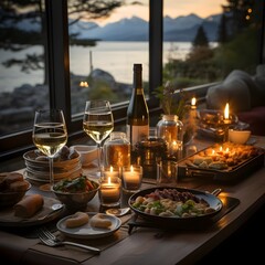 Cena estética y romántica con velas y vino en cabaña con lago de fondo. Generado con tecología IA