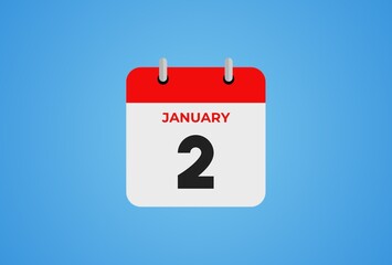 Icon calendar day. 2 January. 2th days of the month, illustration style. Date day of week Sunday, Monday, Tuesday, Wednesday, Thursday, Friday, Saturday. Winter holidays in January. 