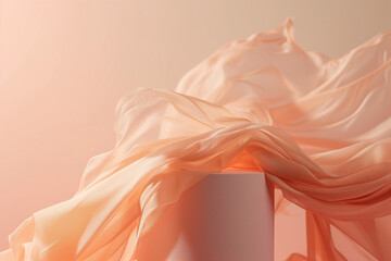 Cylinder podium for product display with silk wave cloth on peach fuzz background. Generative AI