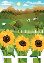Beautiful Rural landscape. Farm scenery with agricultural fields, grazing cows, green meadow and sunflowers. Village panorama in summer. Agriculture and farming. Cartoon flat vector illustration