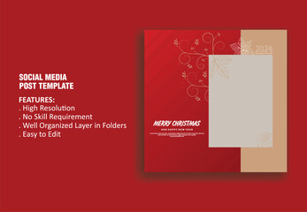 Merry Christmas and New Year greeting card with balls, ribbon and confetti on red background.