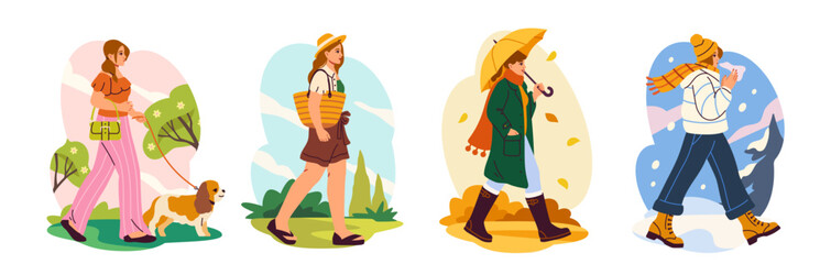 Set of girl walking during different seasons. Stylish young woman with dog spending time outdoors in summer, autumn, winter and spring. Cartoon flat vector illustrations isolated on white background