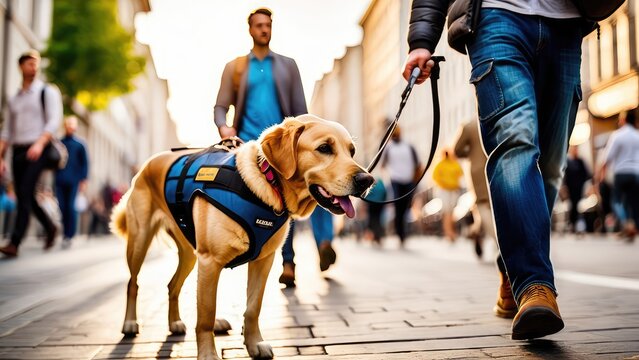 A guide dog on the street in the city leads a man