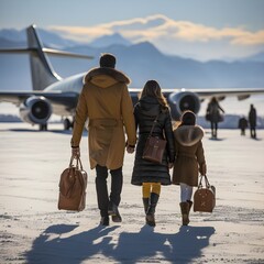 Familia joven adinerada en aeropuerto viajando, temporada de invierno. Generado con tecnología IA