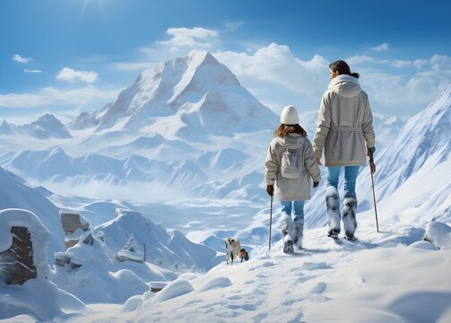 Madre e hija esquiando en invierno sobre montaña nevada. Generado con tecnología IA