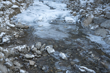 Melting water flowing through ice-covered valley water, close-up