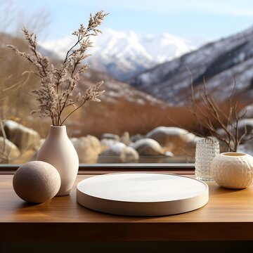 Decoraci&oacute;n con vajilla, plato, floreros para fotomontajes con monta&ntilde;a de fondo. Generado con tecnolog&iacute;a IA