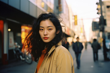 cinematic street style fashion portrait headshot of an attractive asian/chinese/korean woman young adult model in vintage portra film photography magazine editorial style
