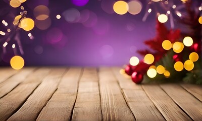 generative ai. a wooden table with christmas lights in the background, decorations, bokeh in the background only, profile pic, festive atmosphere