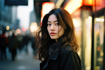 cinematic street style fashion portrait headshot of an attractive asian/chinese/korean woman young adult model in vintage portra film photography magazine editorial style