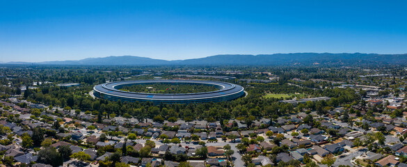 Aerial view of the main Apple office building - a space ship in California, USA.