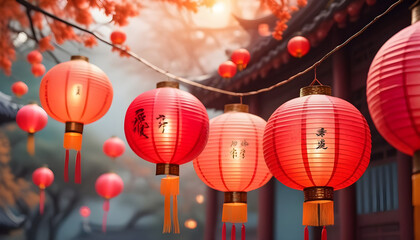 Chinese oriental background with traditional paper lanterns created with generative ai