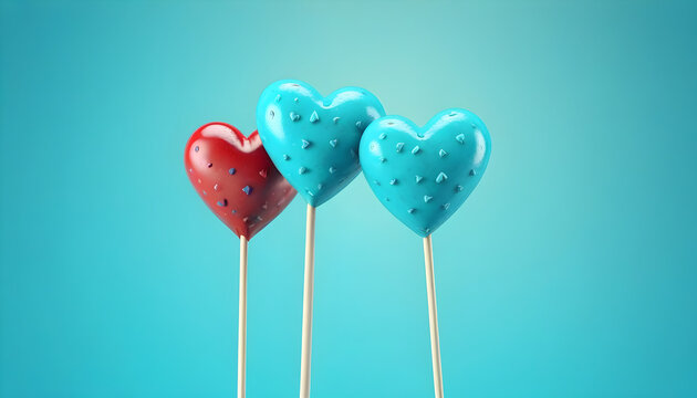 Two turquoise heart on the stick with Happy Valentine's day on blue background 3D Rendering, 3D Illustration created with generative ai