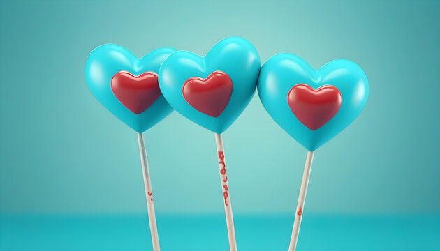 Two turquoise heart on the stick with Happy Valentine's day on blue background 3D Rendering, 3D Illustration created with generative ai