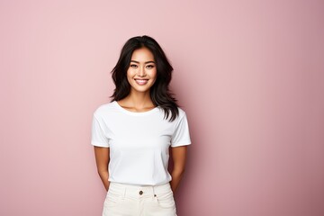 Obraz premium Young Confident Woman Smiling and Wearing a Blank T-shirt Standing in Front of a Pink Background, Print on Demand Template, Fashion Portrait, People Wearing Clothing with Print Copy Space
