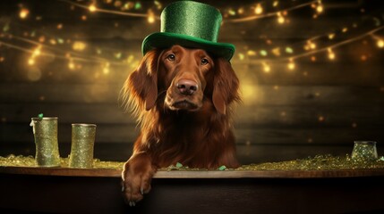 St. Patrick's day banner with lovely irish setter wearing green irish elf hat, gold coins, glitter and shamrock clover leaves - obrazy, fototapety, plakaty