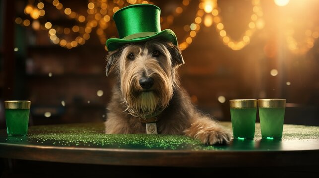 St. Patrick's day banner with irish wolfhound wearing green irish elf hat, gold coins, glitter and shamrock clover leaves.