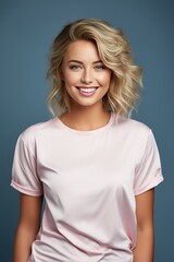 Obraz premium Young Woman Smiling and Wearing a Blank Pink T-shirt Posing in Front of a Blue Background, Print on Demand Template, Fashion Portrait, People Wearing Clothing with Print Copy Space