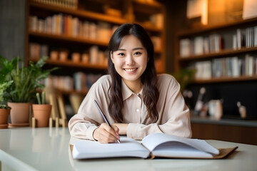 Cheerful University Student Sitting at Desk in Library, Looking at Camera and Smiling