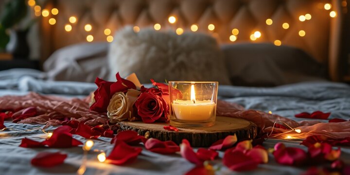 Candlelit Romance with Red Roses on Bed. Generative ai