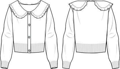 Women's Knit Cardigan With Collar. Technical fashion illustration. Front and back, white colour. Women's CAD mock-up.