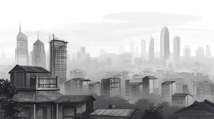 Misty Rooftops: Urban Grayscale Monochrome